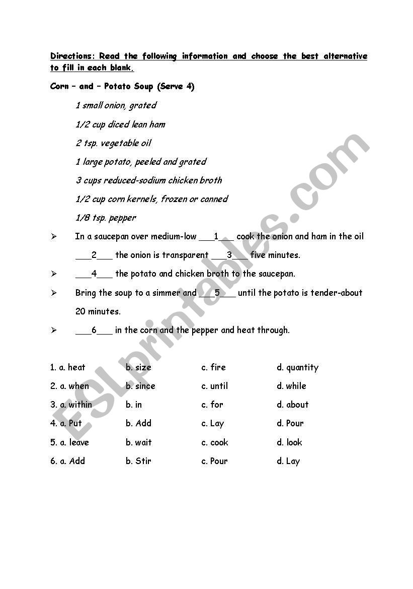 Cooking - Cloze test worksheet