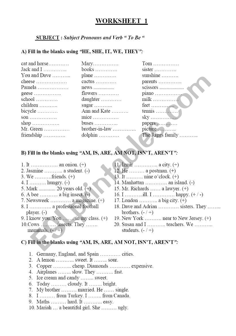 verb to be pronouns worksheet