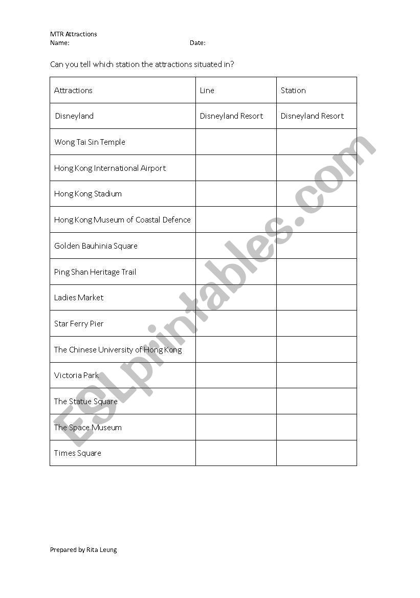 MTR Attractions worksheet