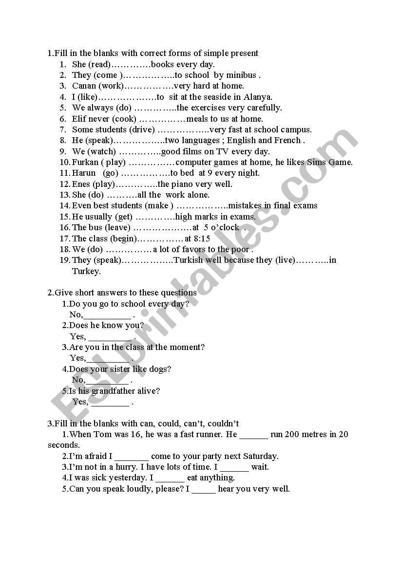 stentences for grammar worksheet