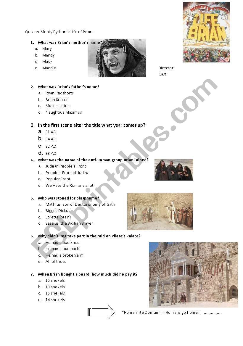 Monty PythonÂ´s Life of Brian worksheet