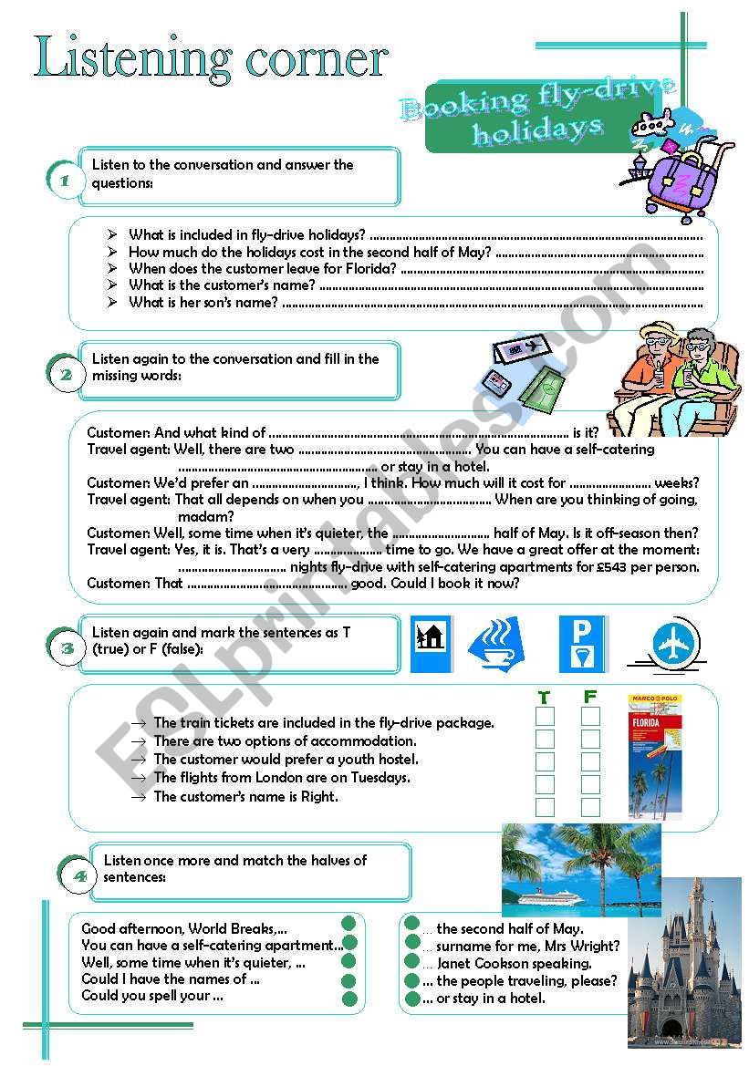 Listening corner - Booking fly-drive holidays (4 exercises**answer key**tapescripts)