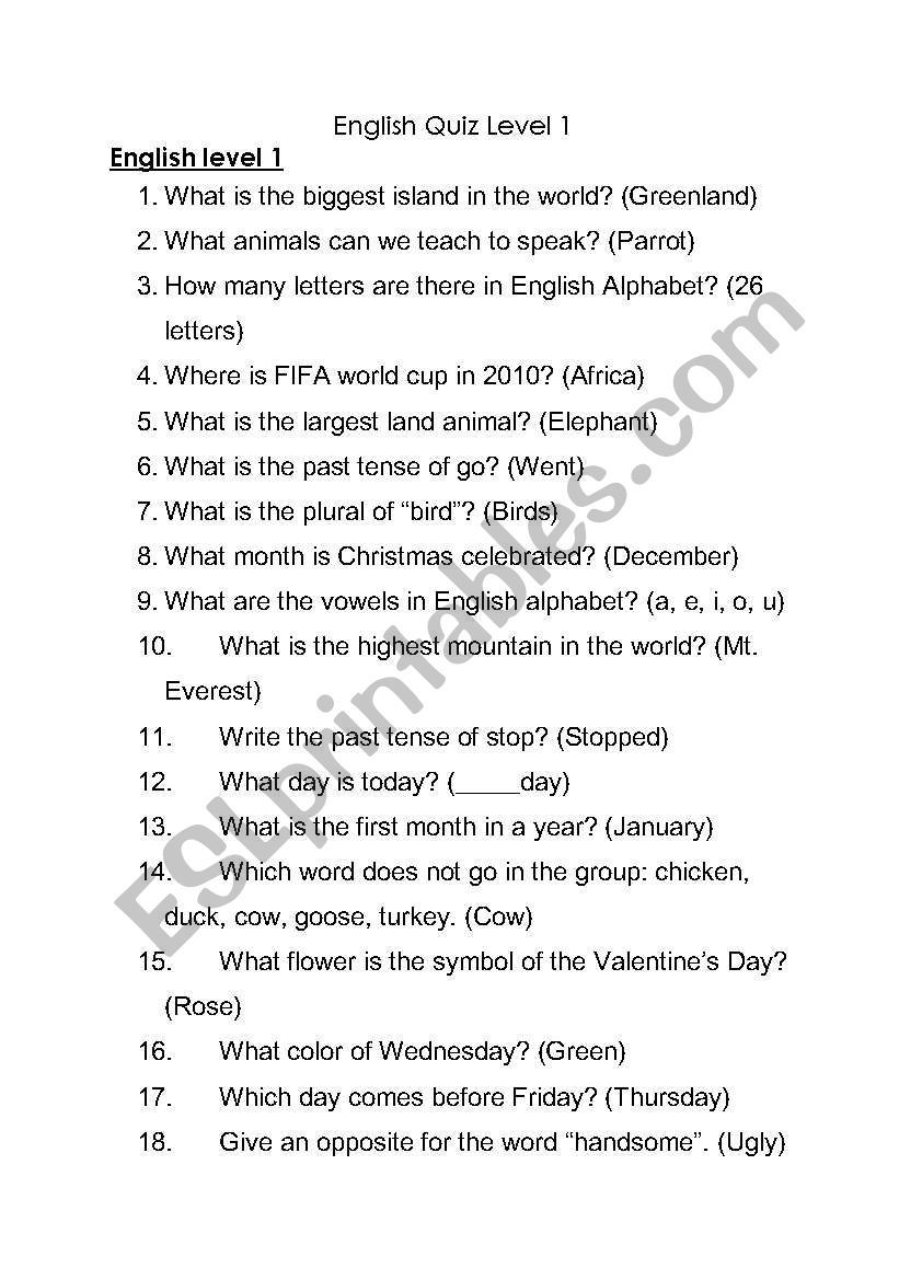 English Quiz level 1 worksheet