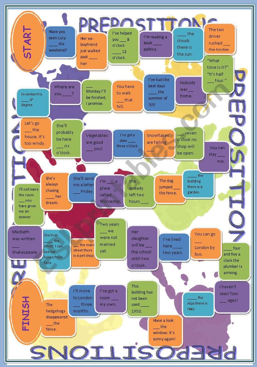 Boardgame: Find the right preposition of direction, place or time! 