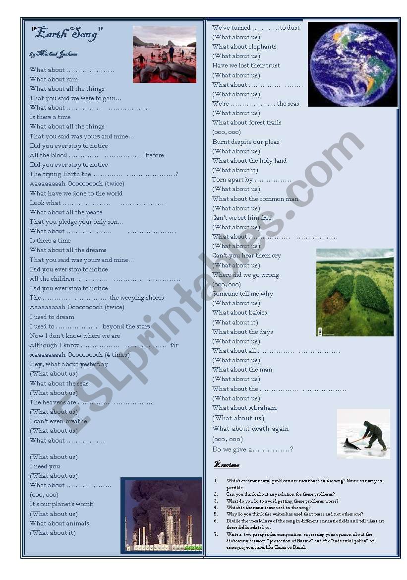 Earth Song by Michael Jackson worksheet