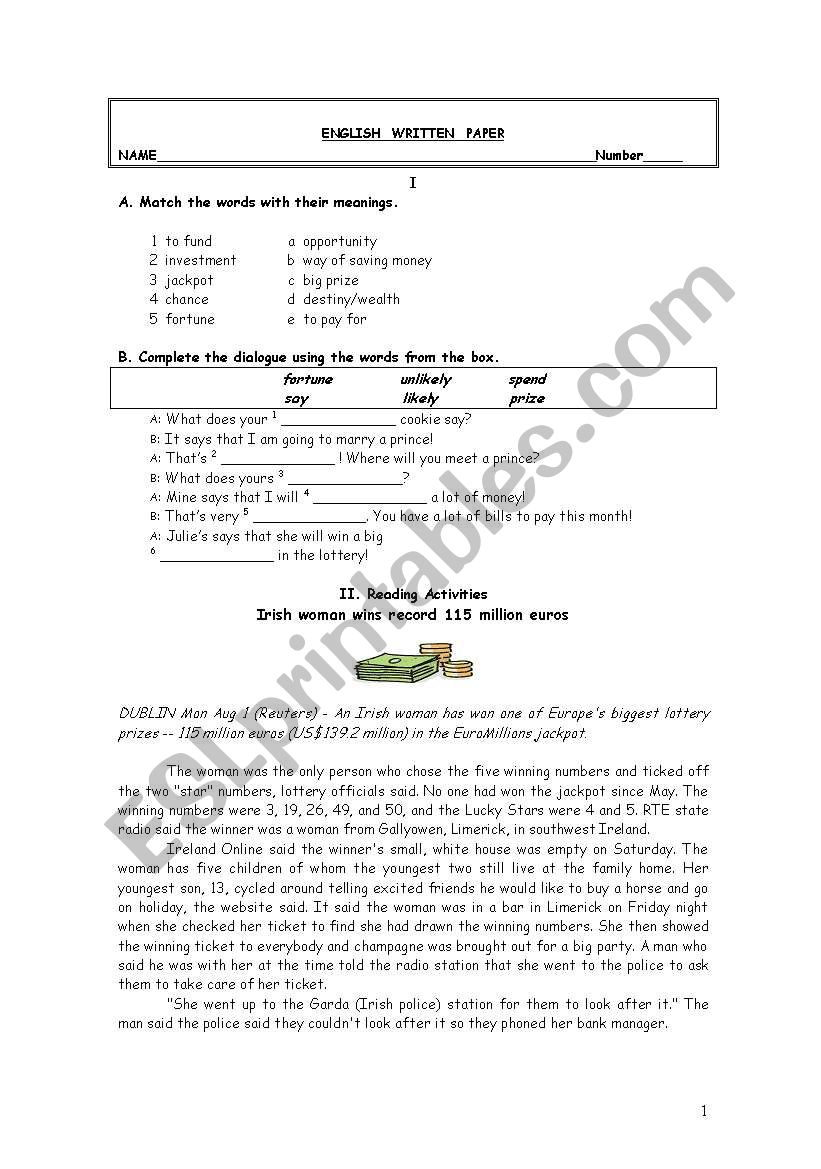 Lottery winner worksheet