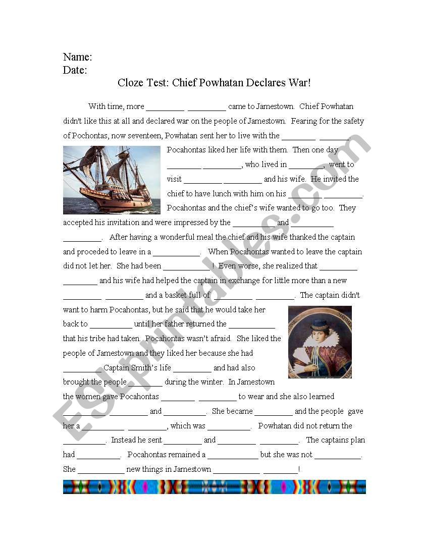 pocahontas cloze test worksheet