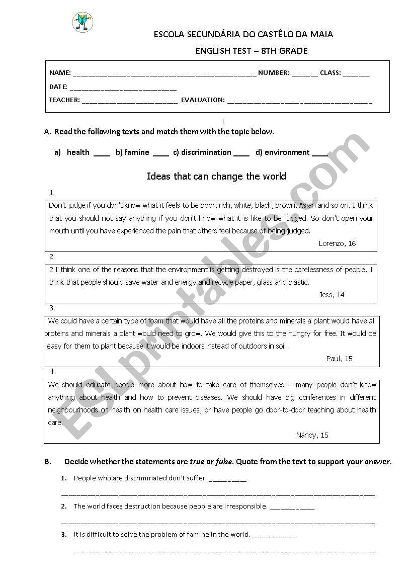 Test 8th grade worksheet