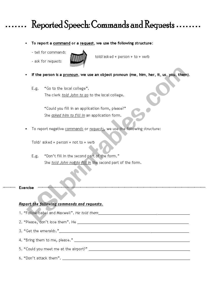 reported speech exercises commands and requests pdf