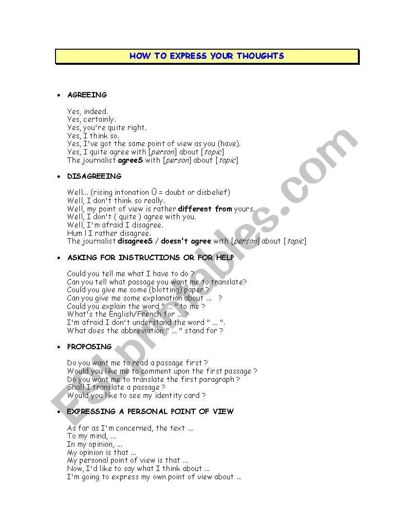 How to express your thoughts worksheet