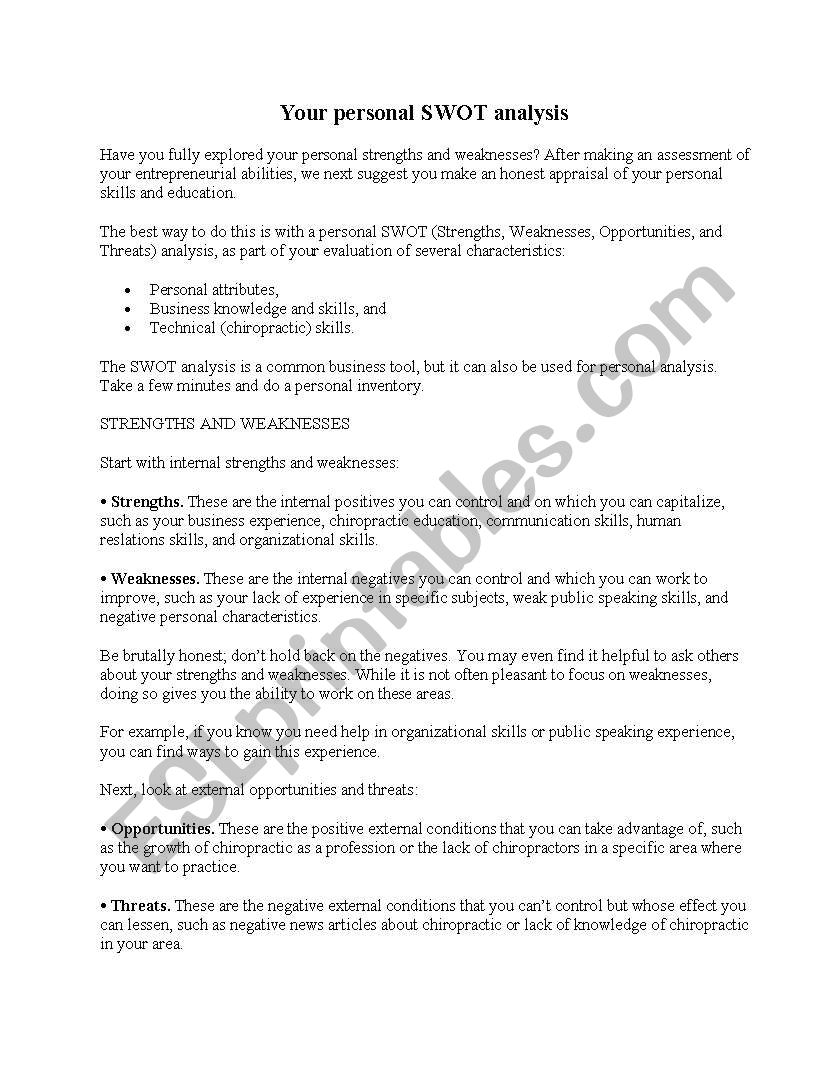 personal swot analysis worksheet