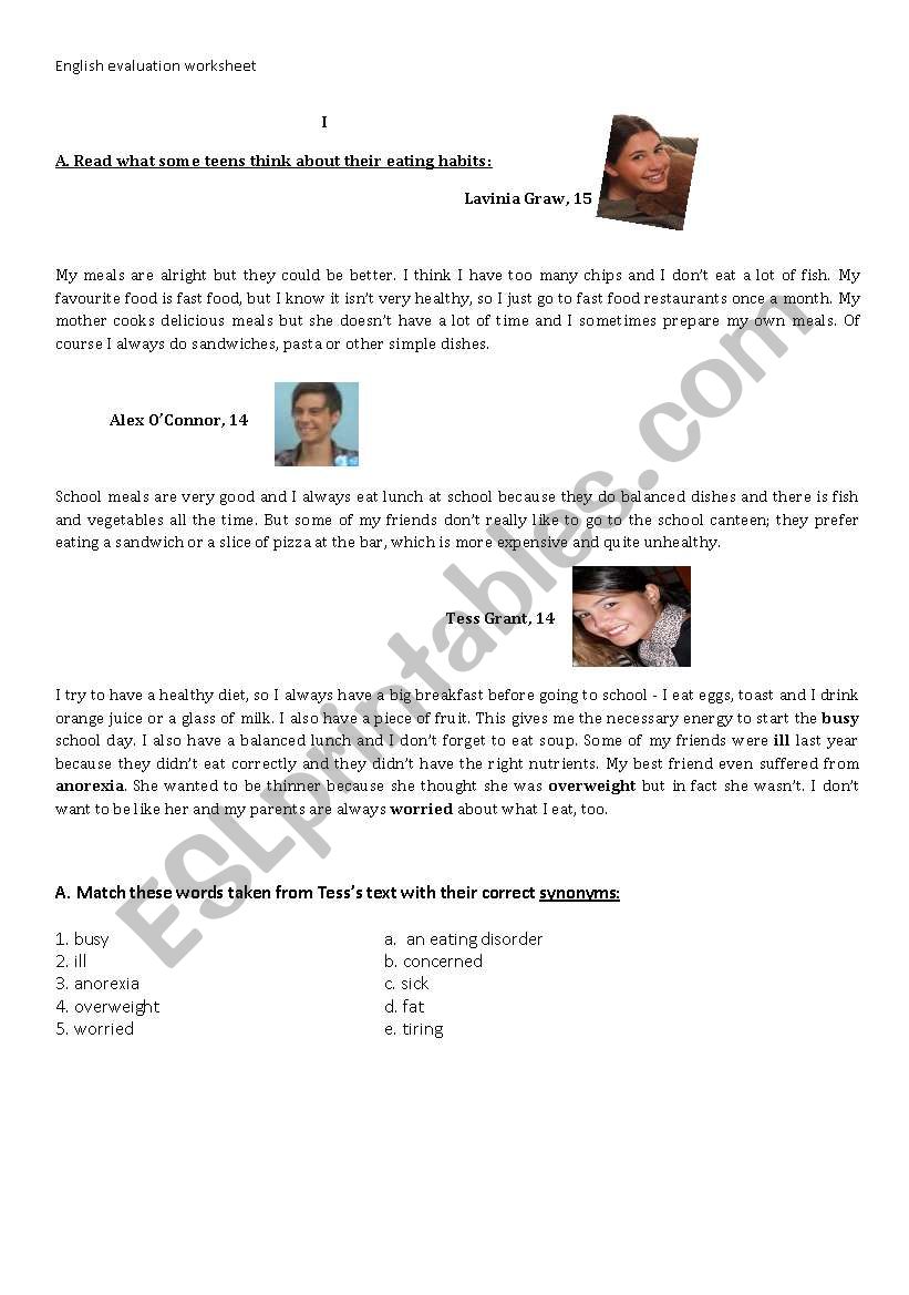 evaluation worksheet on eating habits and food vocabulary