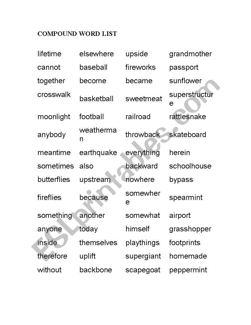 Compound Word List worksheet