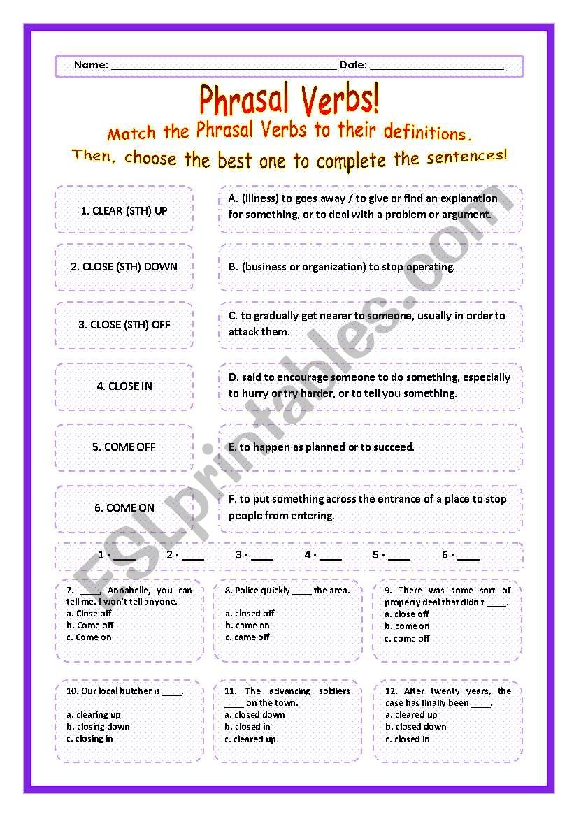 > Phrasal Verbs Practice 12! > --*-- Definitions + Exercise --*-- BW Included --*-- Fully Editable With Key!
