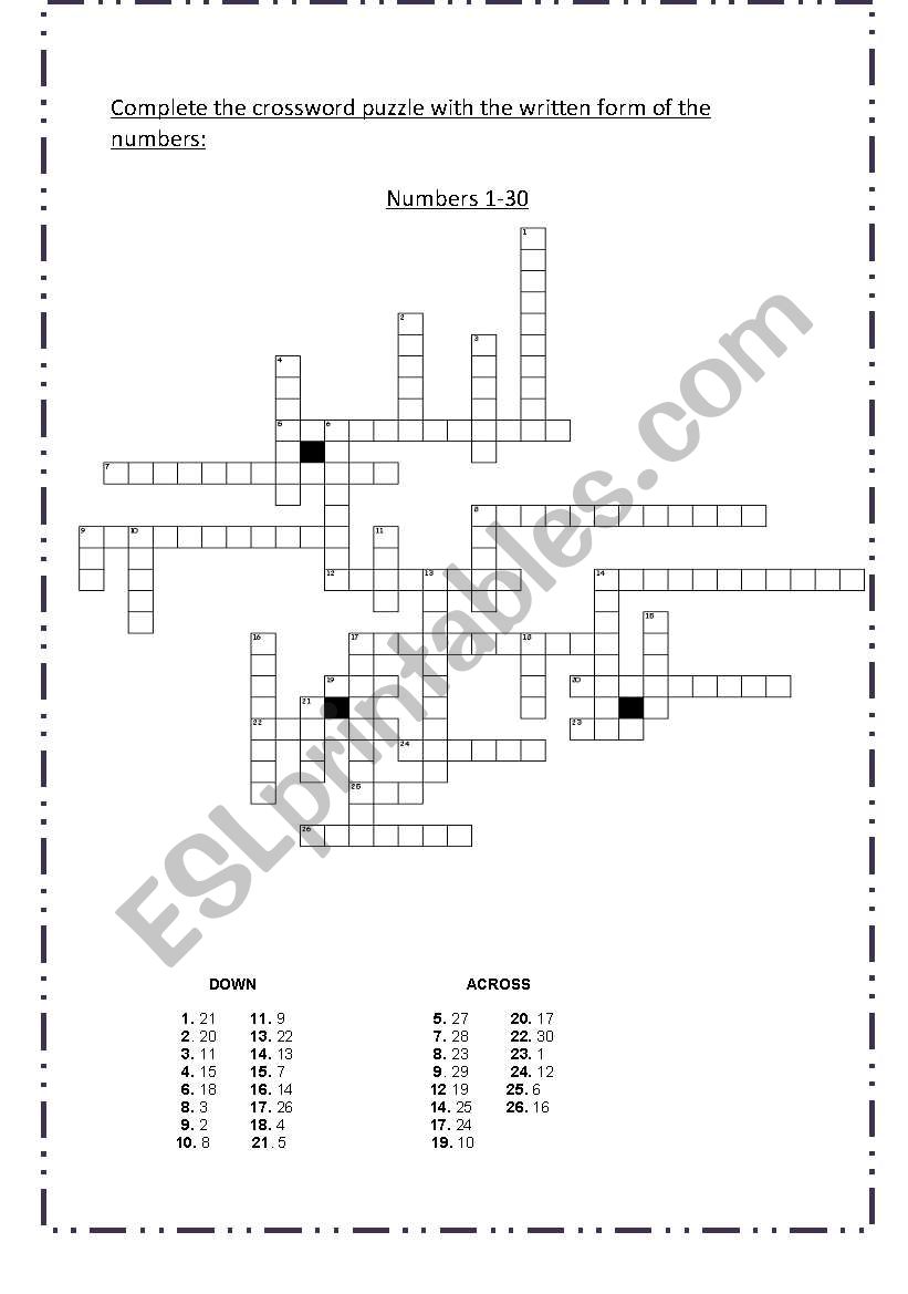 Numbers Crossword Puzzle. worksheet