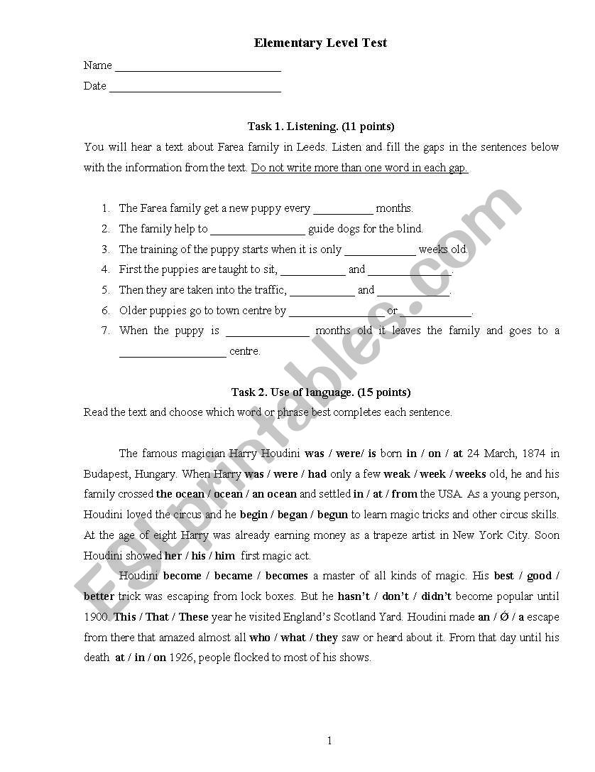 Elementary test worksheet