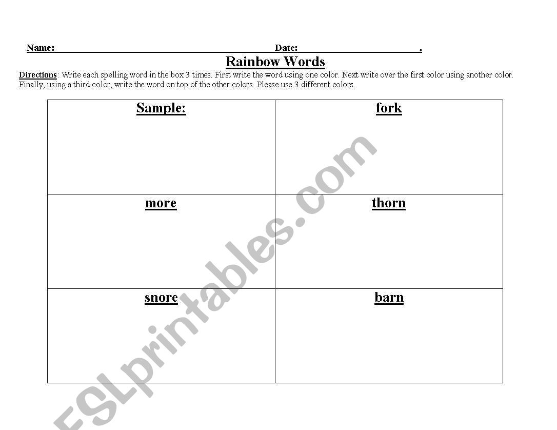 Rainbow Words for Bossy R worksheet