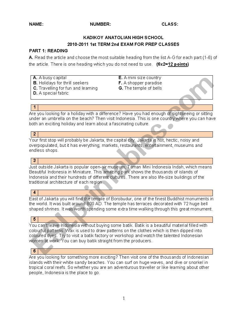 exam for high school students worksheet
