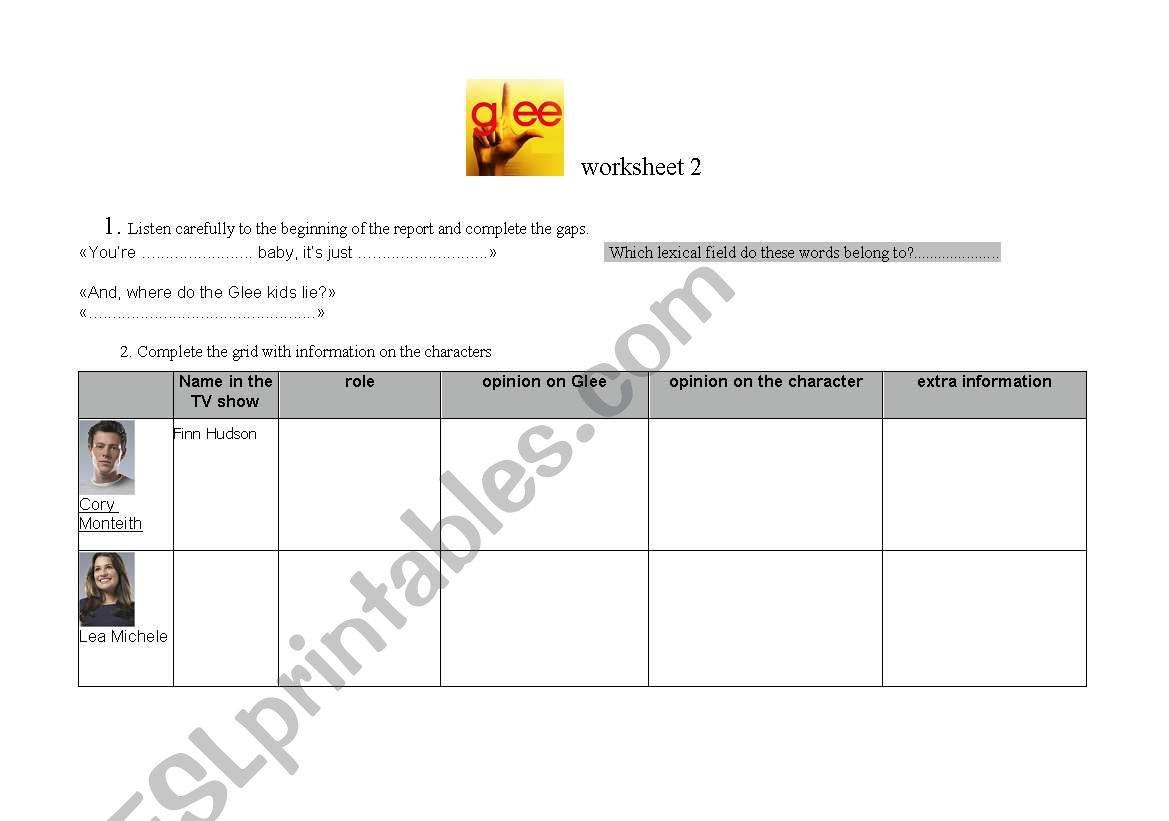 Glee cast worksheet