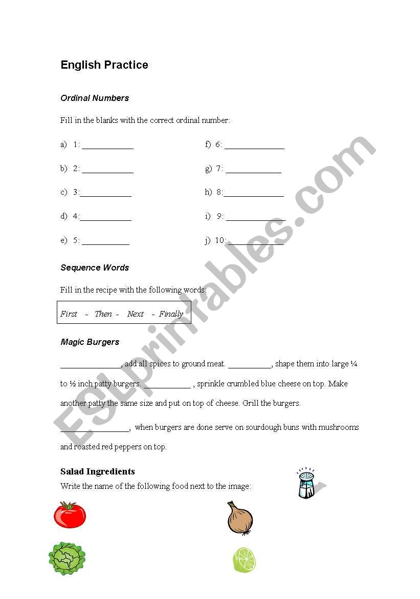 Ordinal Numbers, Sequence words, Salad Ingredients