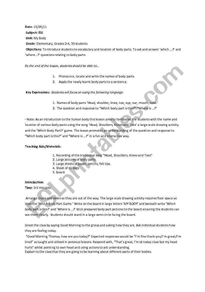 Body Parts Lesson Plan worksheet