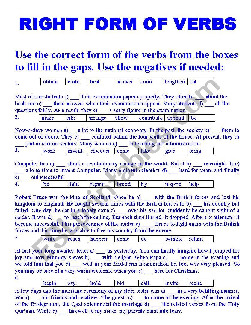 RIGHT FORM OF VERBS worksheet