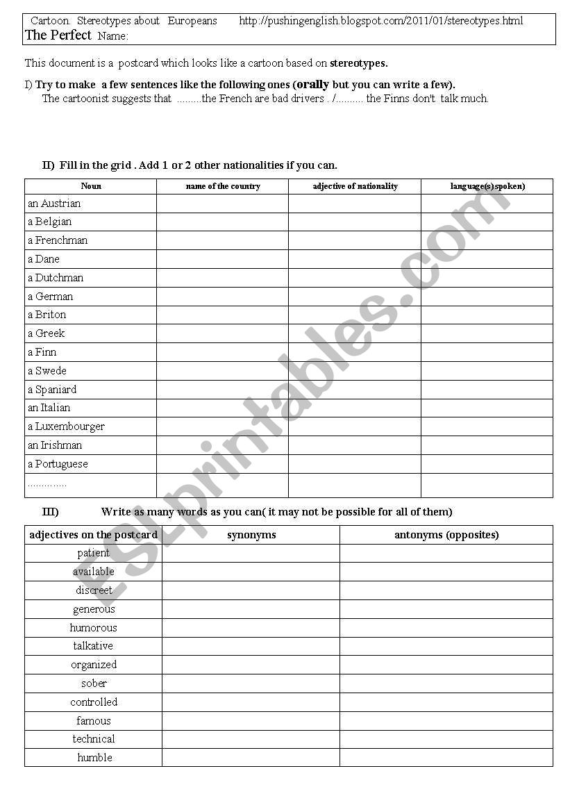 stereotypes about  Europeans worksheet