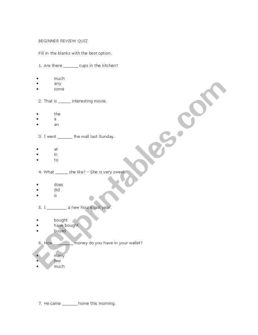 Beginner Grammar Quiz/Worksheet