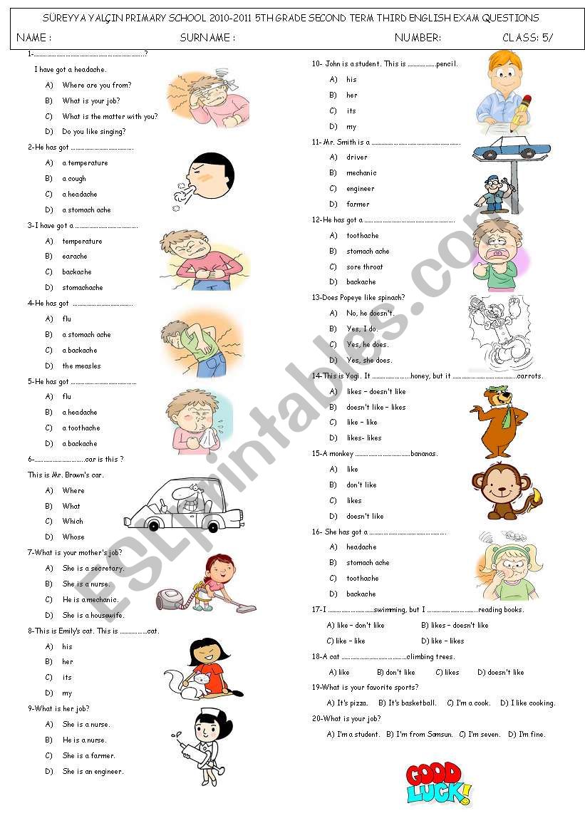 health - possessive pronouns - jobs and hobbies test 