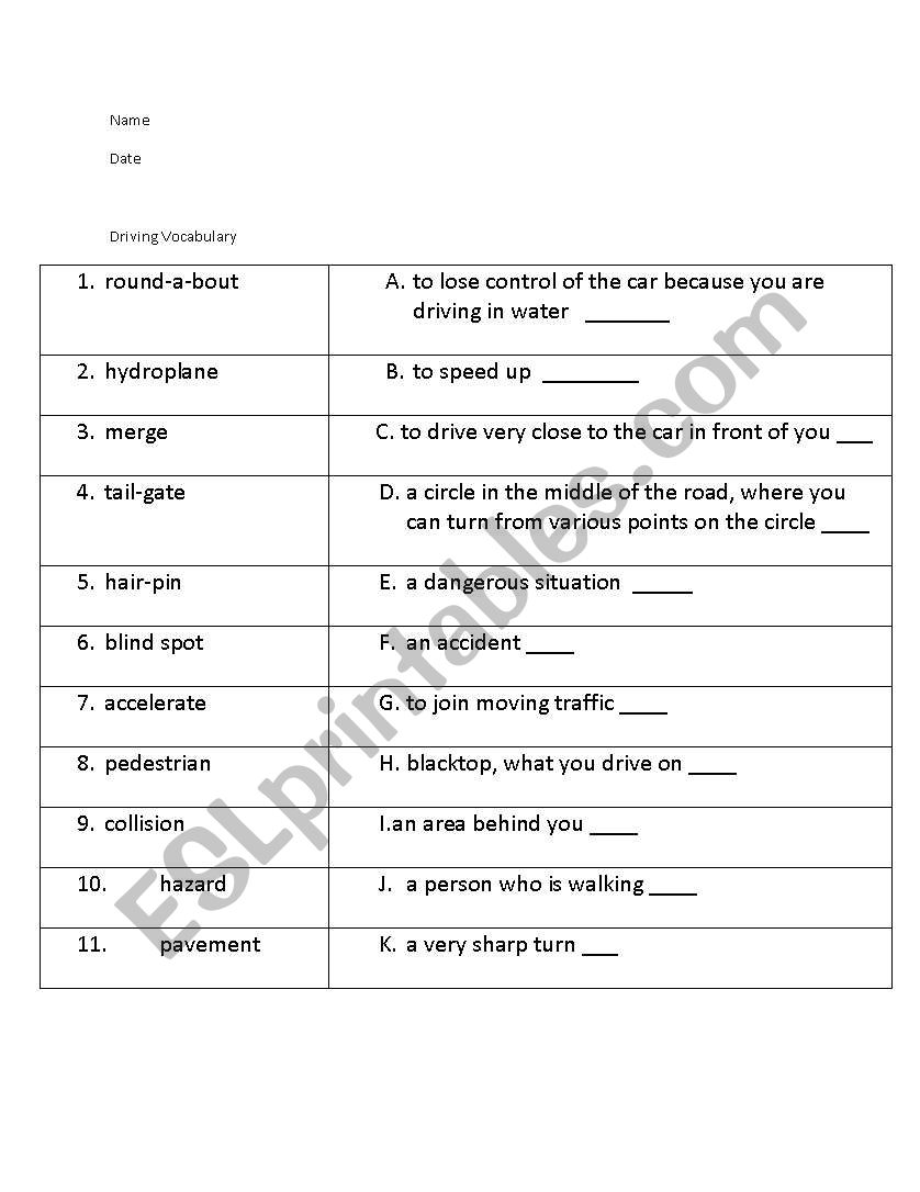 Driving Vocabulary worksheet