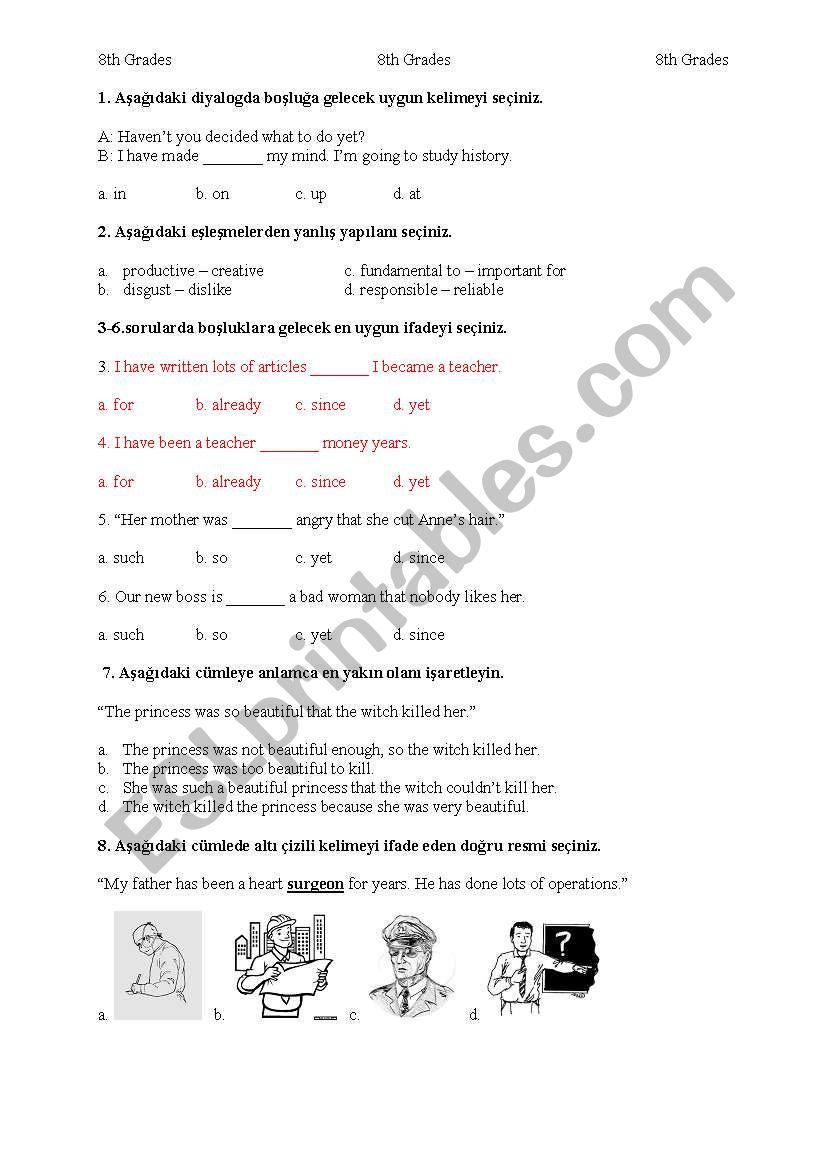 QUESTIONS FOR 8th GRADES FOR TURKISH TEACHERS