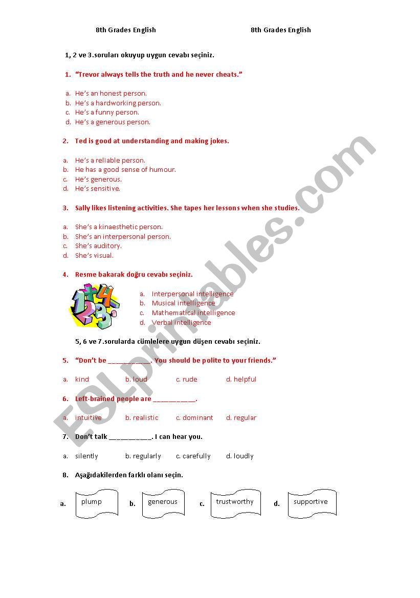 8th grades questions for Turkish Teachers