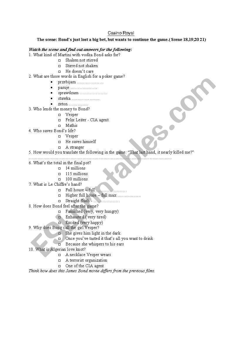 Casino Royal movie worksheet worksheet