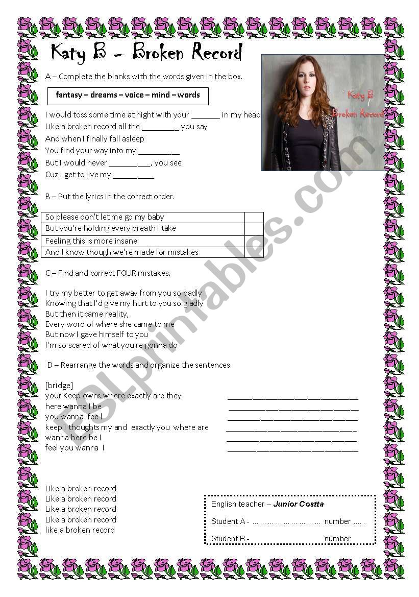 KATY B - BROKEN RECORD worksheet