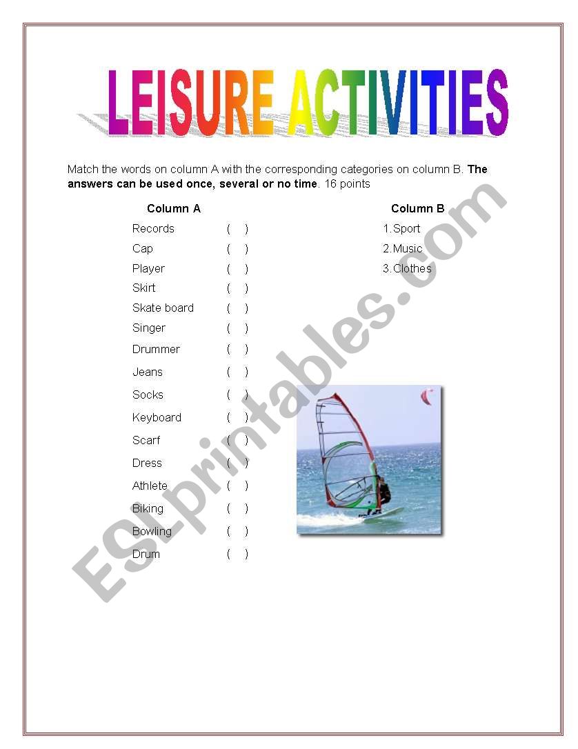 LEISURE ACTIVITIES MATCHING worksheet
