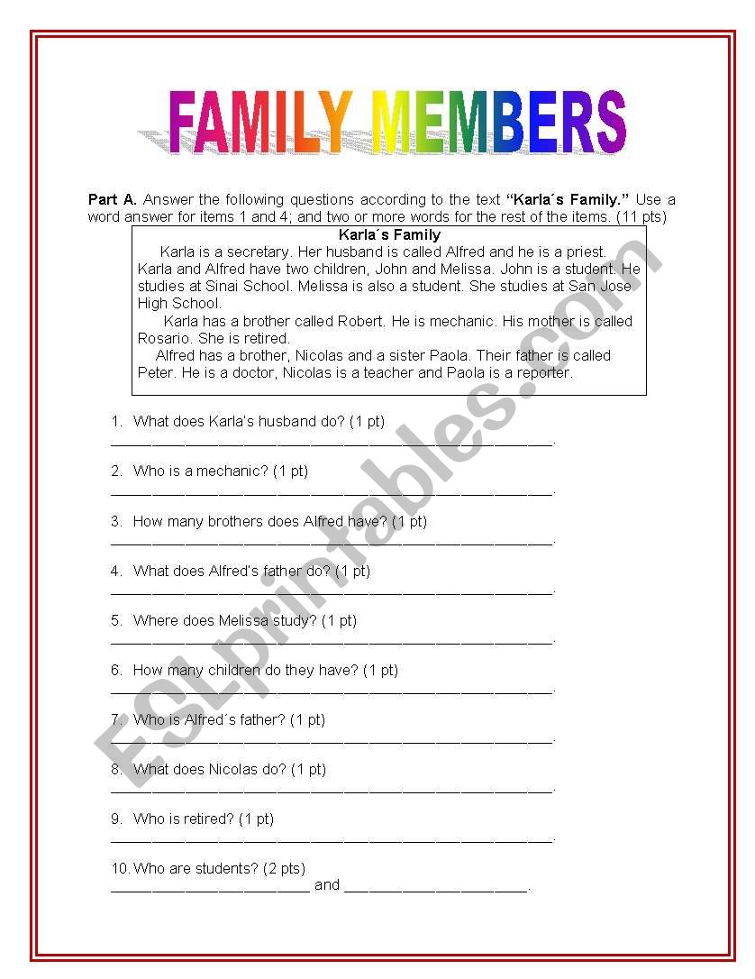 Family Members worksheet