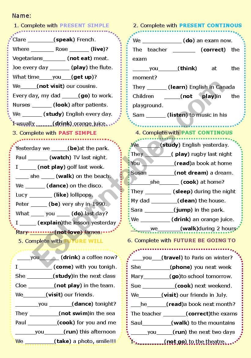 Mixed verbs worksheet