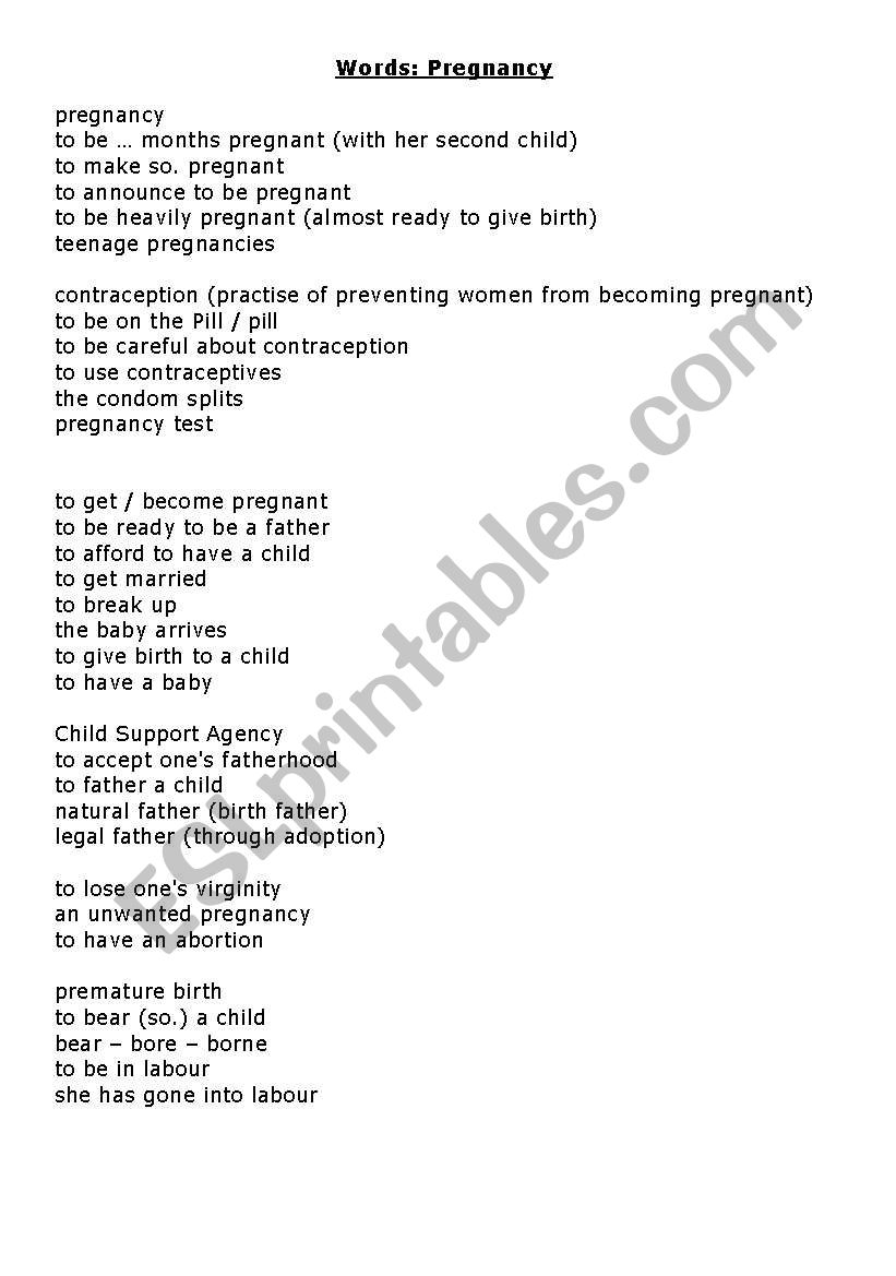 Word list: Pregnancy worksheet