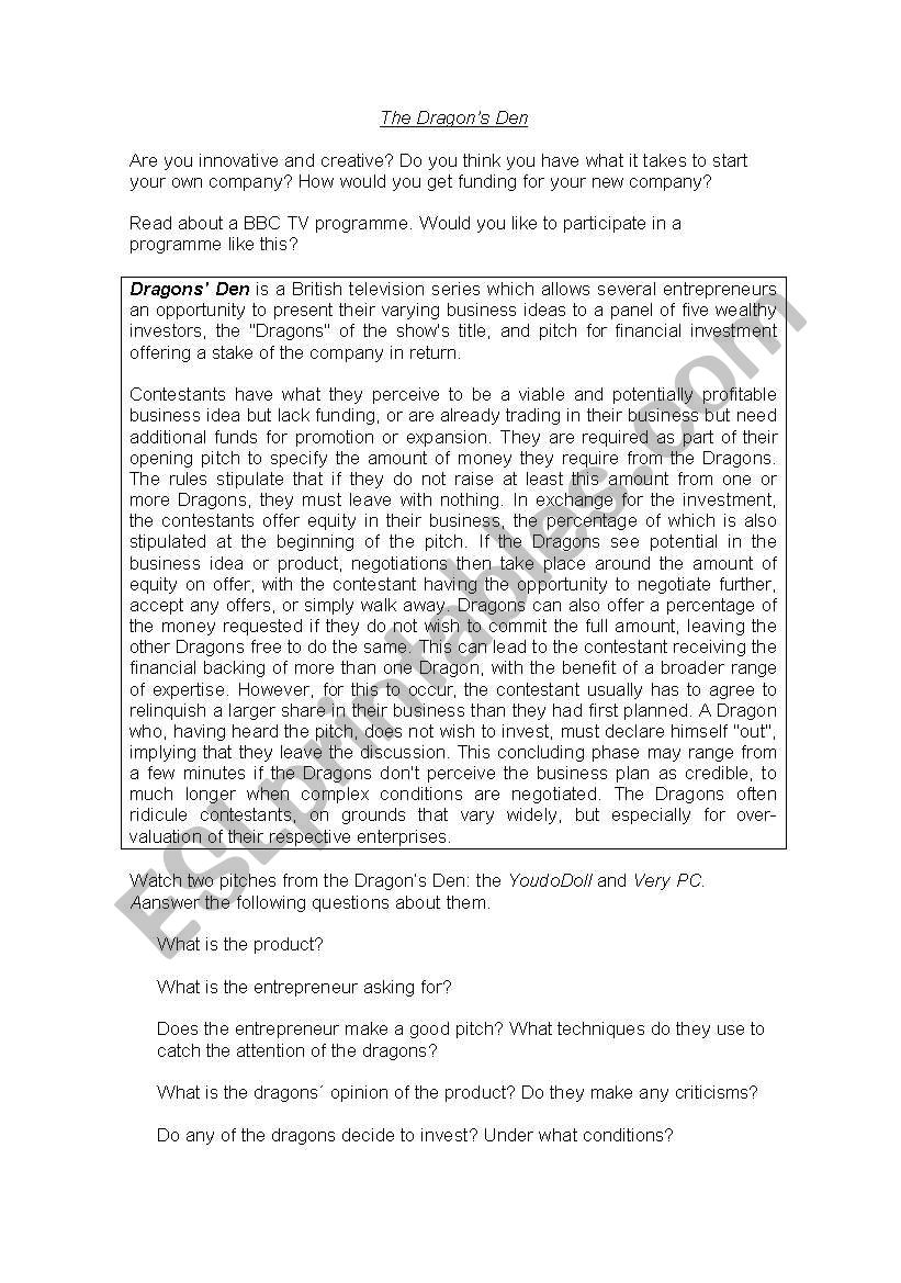 Dragon´s Den Product Pitches ESL worksheet by englishsolutions