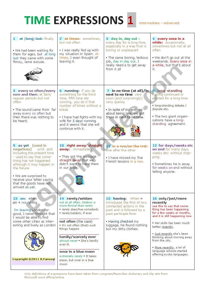 TIME EXPRESSIONS  a very comprehensive activity page/ Intermediate to Advanced Level