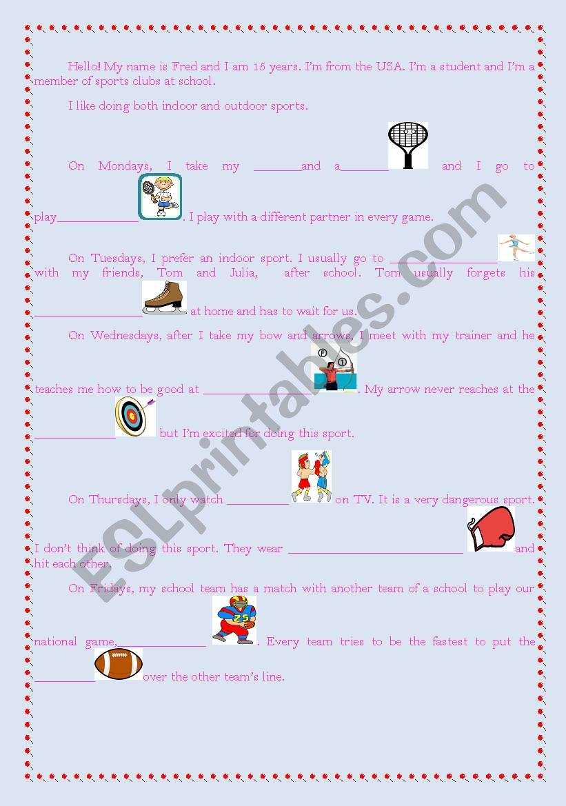 sports and equipments worksheet