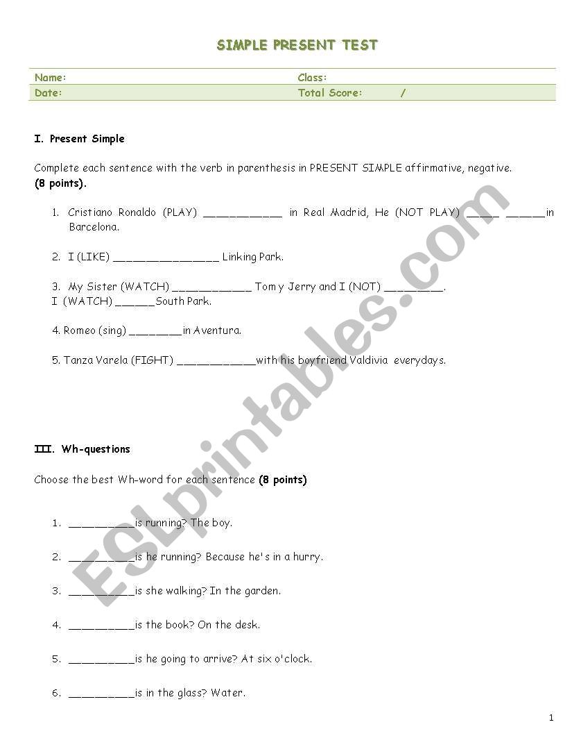 Simple present test worksheet