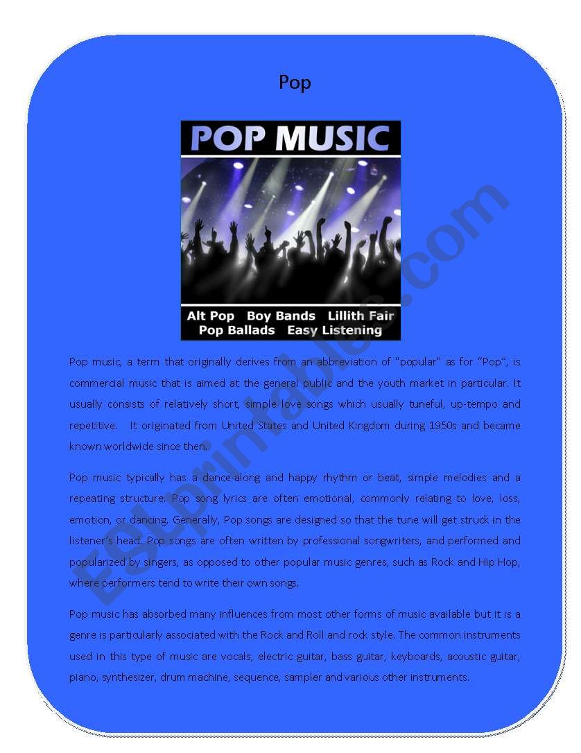 Music Genre 1 (pop) worksheet