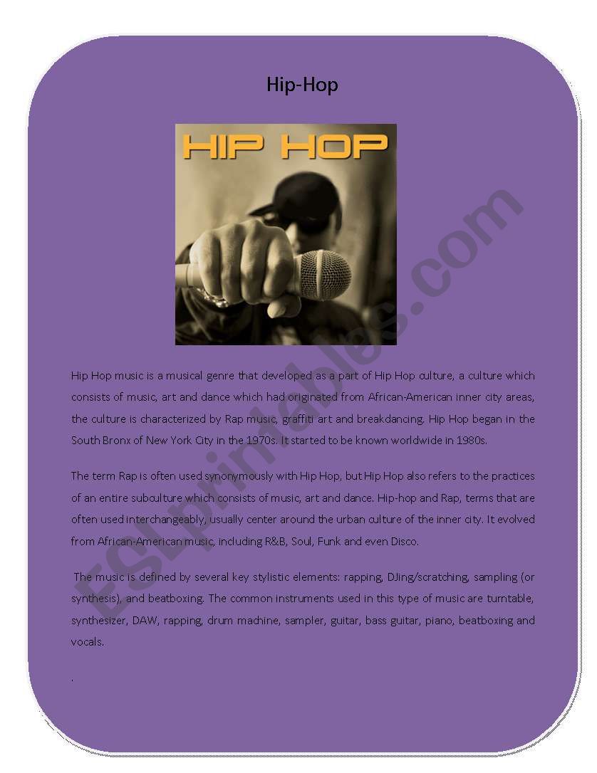 Music Genre 2 ( Hip-Hop) worksheet