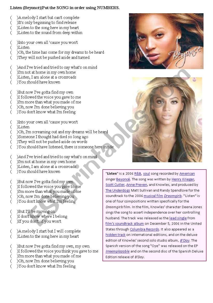 SONG: LISTEN by Beyonc worksheet