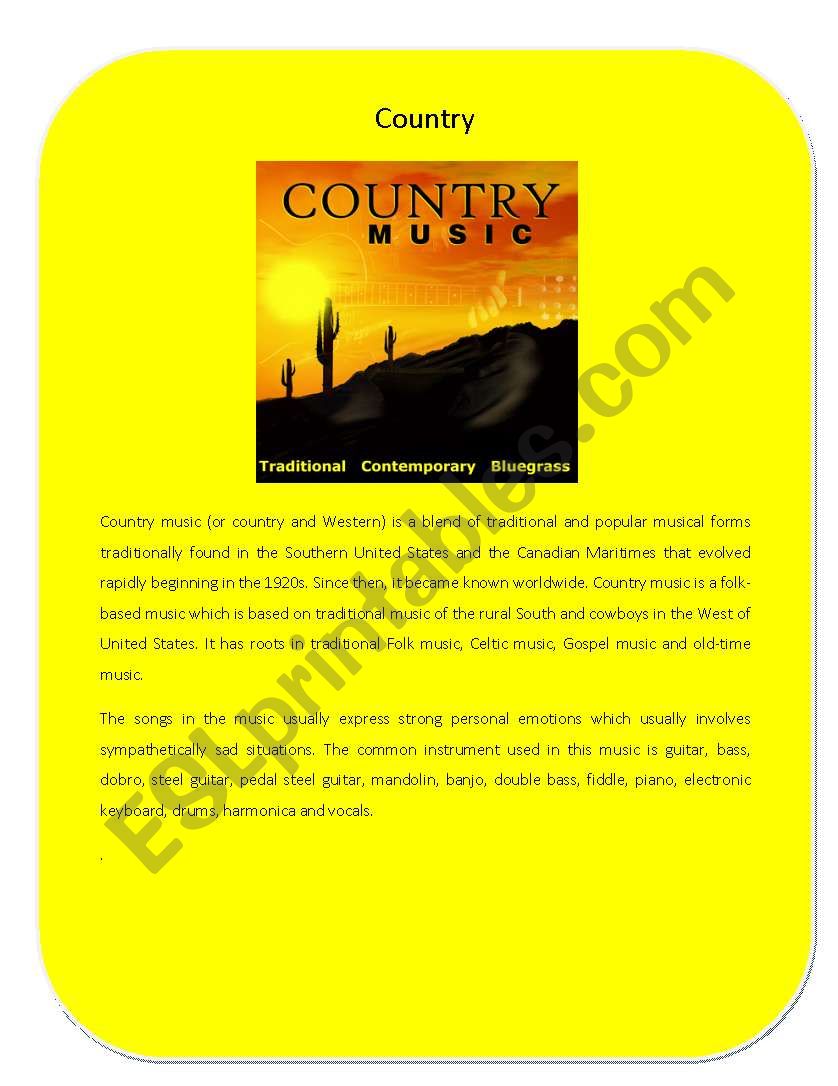 Music Genre 3 ( Country) worksheet