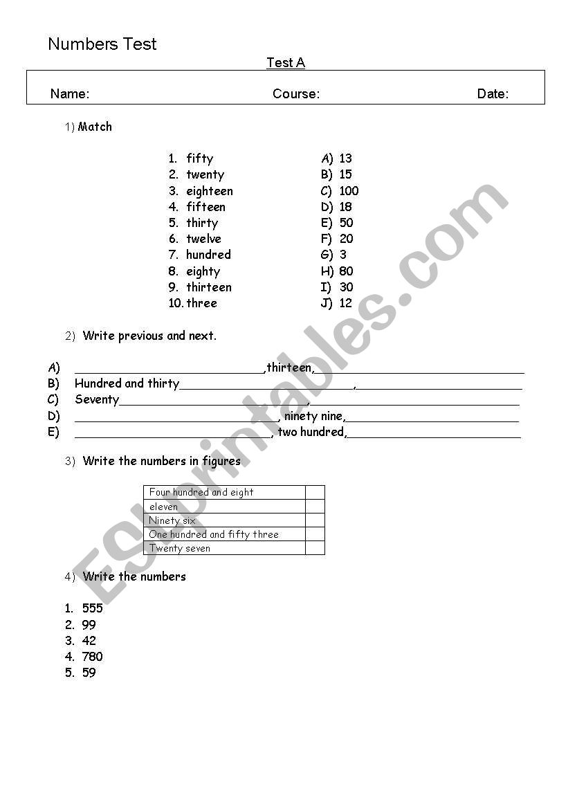 Numbers Test worksheet