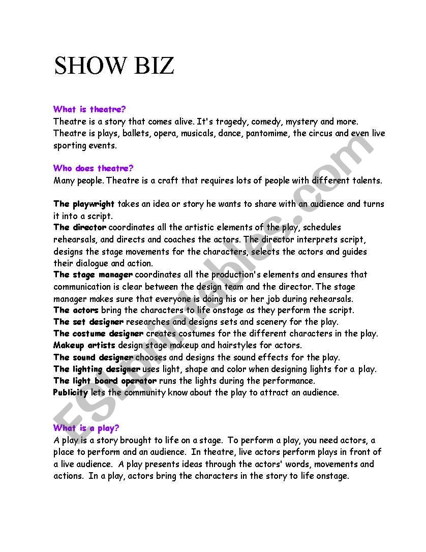 Fun things about theater! worksheet