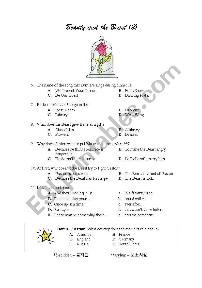 Beauty and the Beast worksheet - part 2 of 2