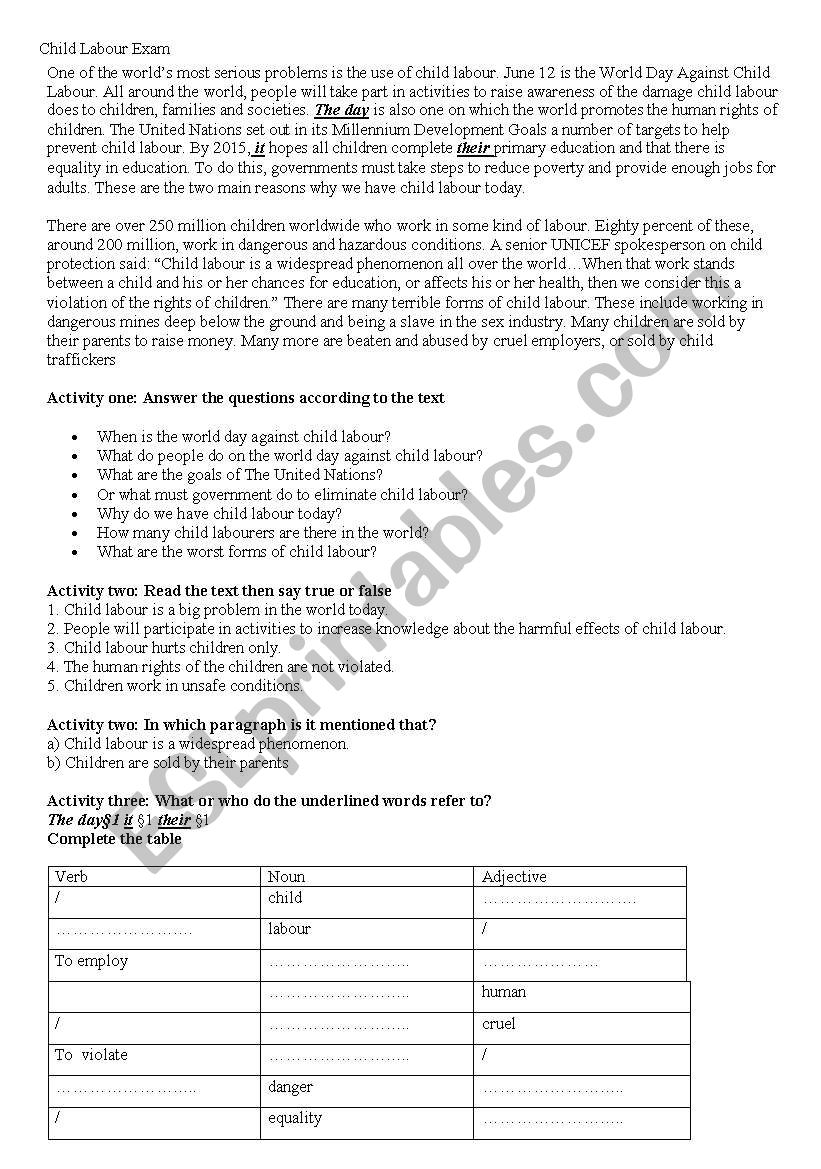 Child labour worksheet